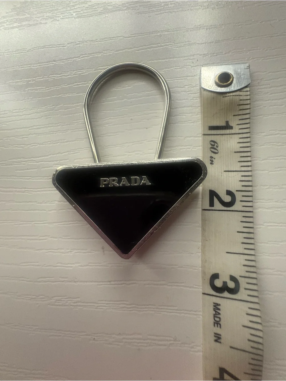 Prada Black Triangle Key & Card Holder with Silver Loop